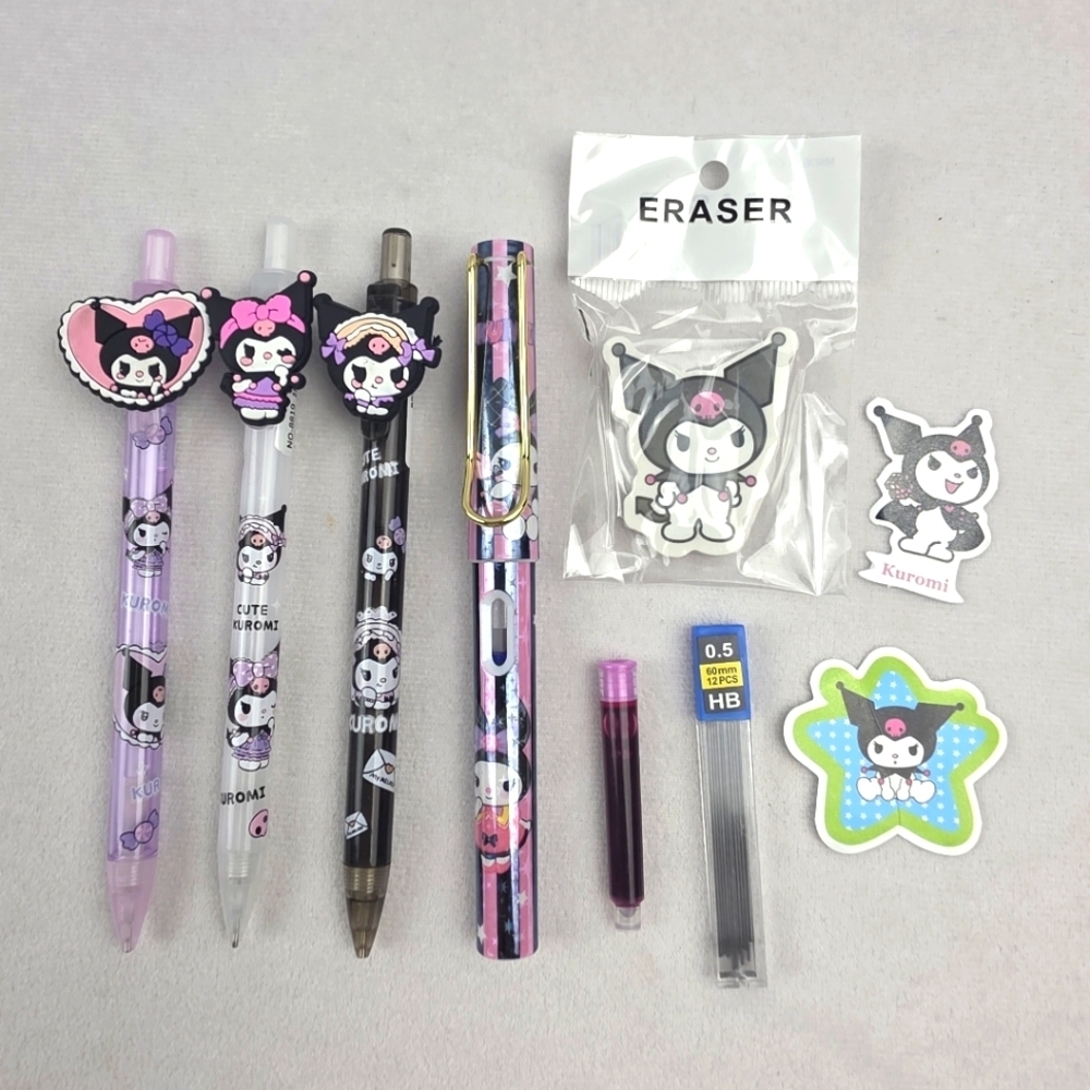 NWOT Kuromi Pencil & Calligraphy Pen Set   With Eraser, Stickers, Extra Ink